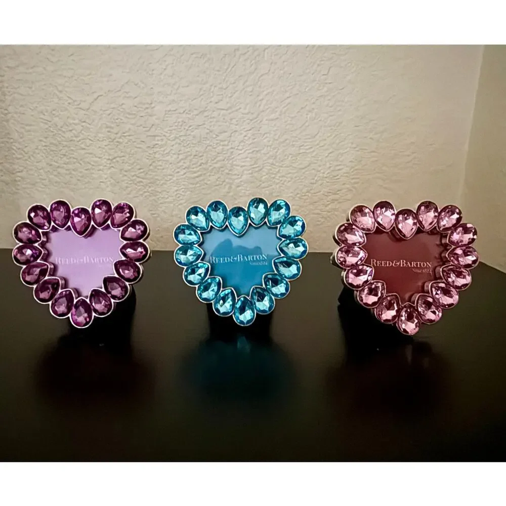 Reed & Barton Jeweled Crystal Heart Mini Photo Frames Set of 3 Colors